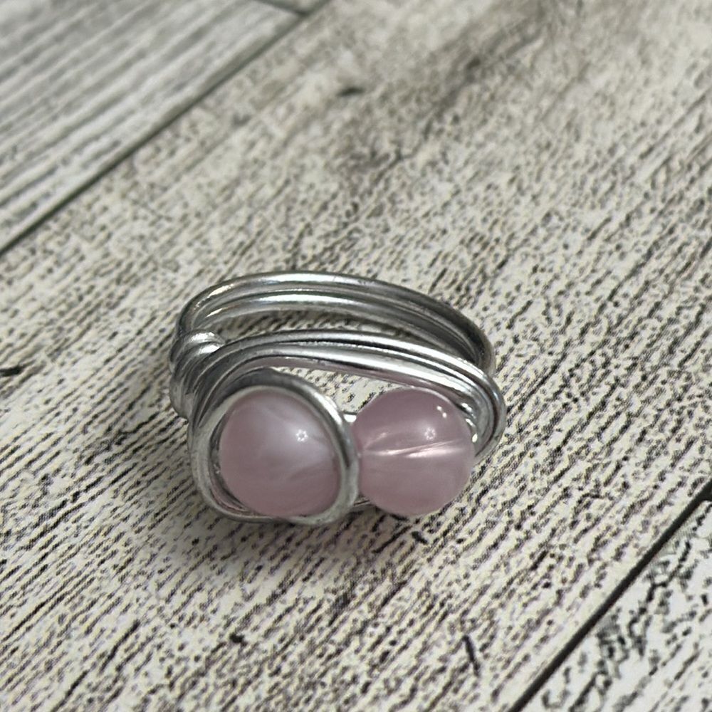 Wire Wrapped Silver Tone and Pink Bead Ring Size 7